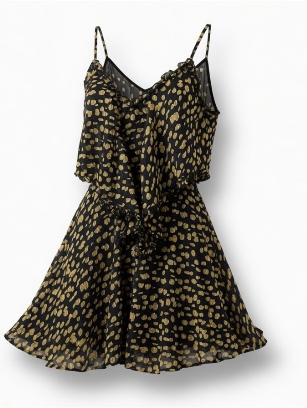 NWT SAINTS + SECRETS NAVY & GOLD PRINT Flirty Ruffle Mini Dress Sz XS 2/4